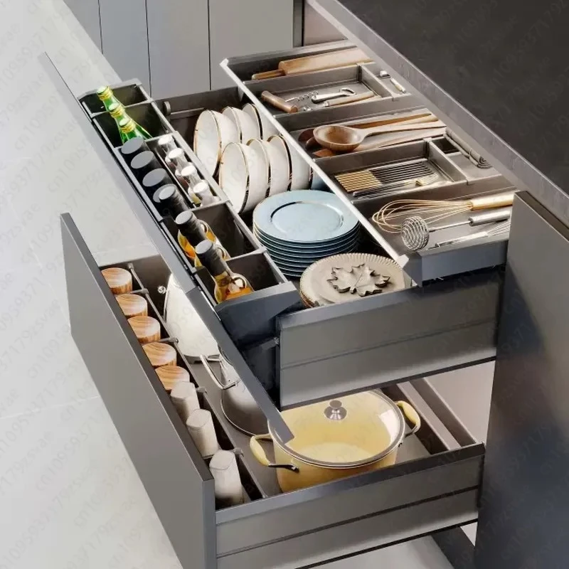 Tilting three-layer kitchen drawer storage box, pull-out cabinet basket with slow closing function, for storing cookware,