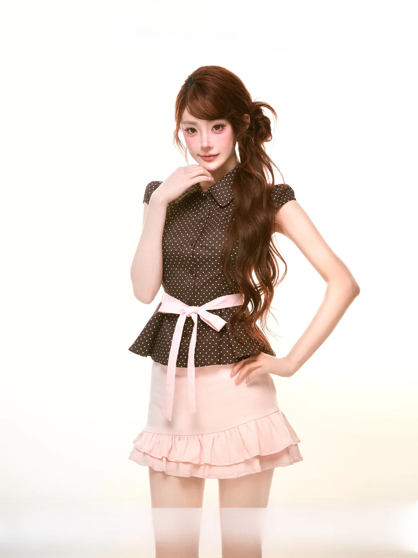 

Summer Early Waist-Cinching Collar Knot Tie-Belted Top Asymmetrical Hem Half Skirt Set Women's Fashion Ensemble