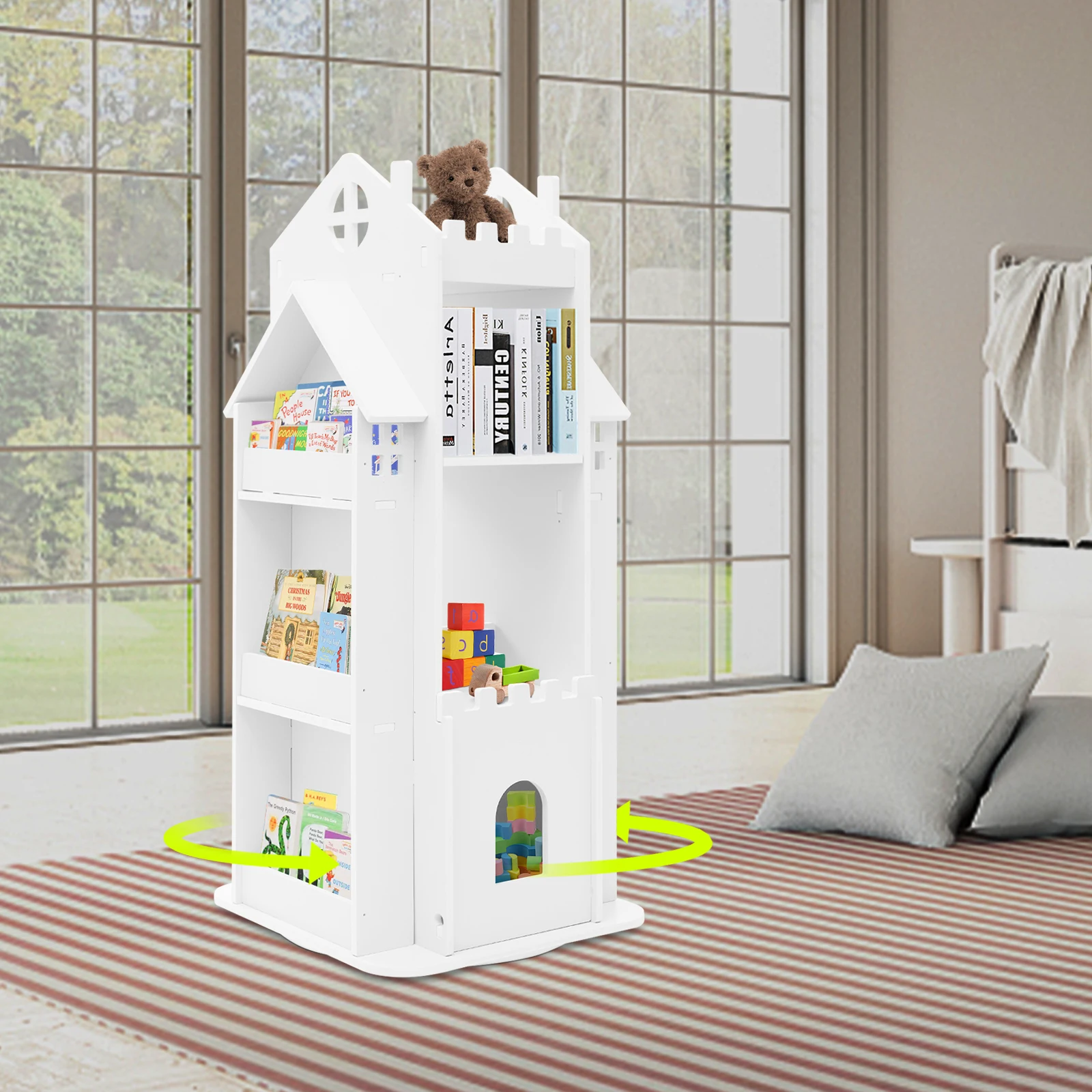 White Rotating Children's Bookshelf Classic Castle Elements, Book Display Shelf, Floor Standing Bookshelf 41*41*95cm