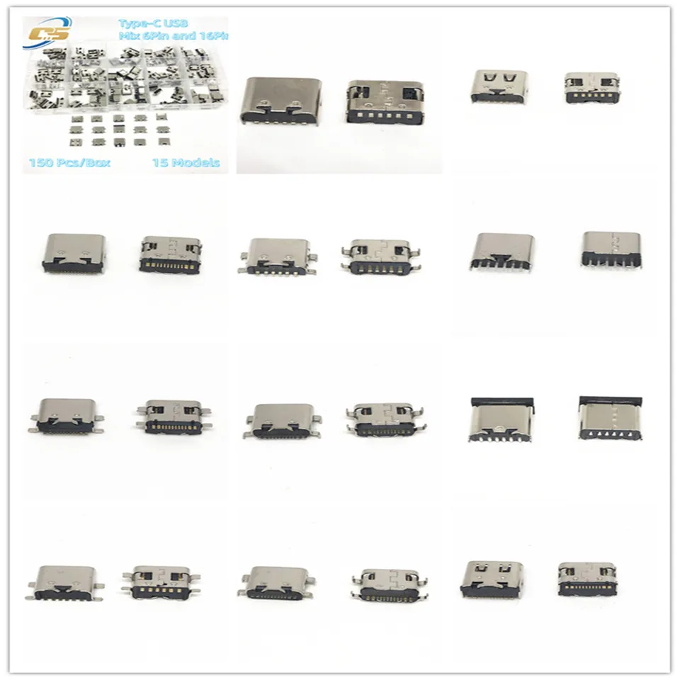 150 Piezas/Caja 15 Modelos Conectores de Carga Tipo-C Mezcla 6Pin y 16Pin para Reparación de Teléfonos y Productos Digitales 6