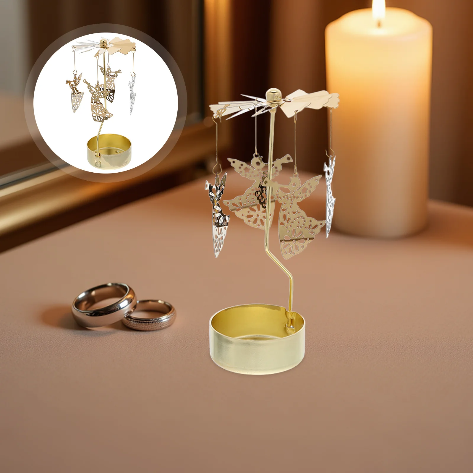 

Rotary Tea Light Holder Metal Iron Carousel Spinning Stand Romantic Holiday Table Party Decorative