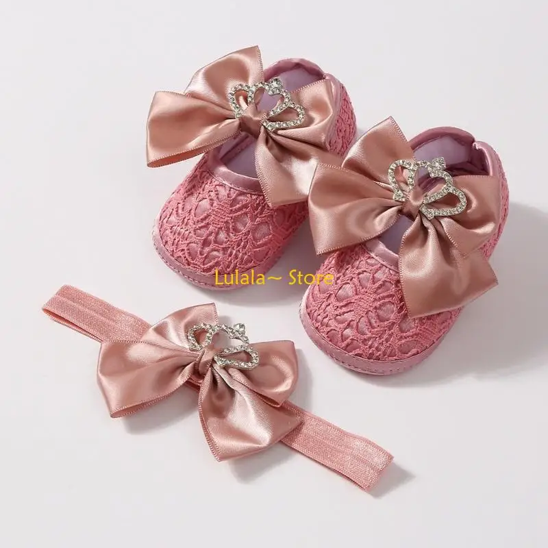 Y4QA Delicate Crown Bowknot Design Infant Princess Shoe And Hair Accessory Set Perfect For Photoshoots And Special Occasion