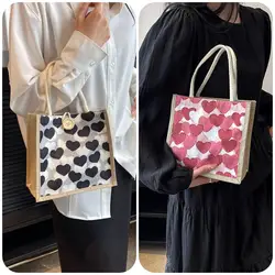 Borsa con bottone in lino con motivo a cuore d'amore borsa per la spesa con cerniera di grande capacità borsa da pranzo portatile per Organizer da spiaggia per donna