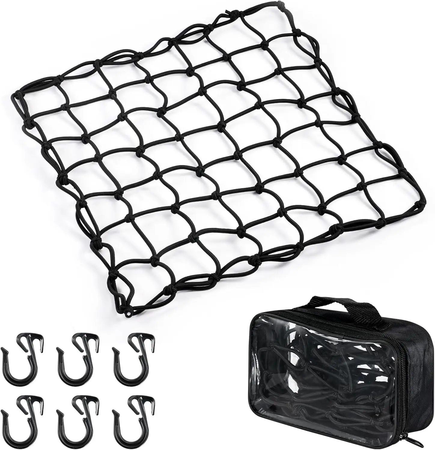 

15x15" Latex Bungee Cargo Net Stretches to 30x30" with 2"x2" Small Mesh and 6 Adjustable Hooks for Motorcycle Bike Canoe