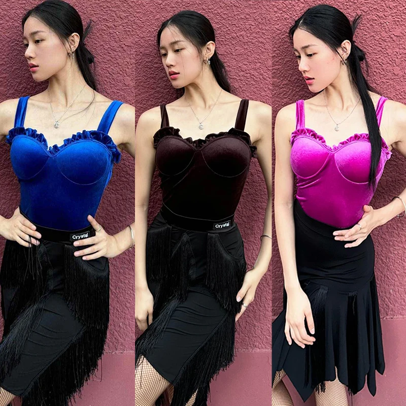 

Latin Dance Tops Multi-Colors Velvet Sleeveless Bodysuit Rumba ChaCha Tango Dancing Clothes Adult Women Latin Dancewear VDB7901