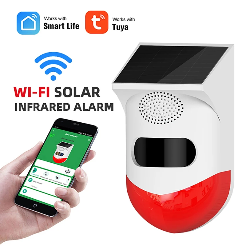 Tuya Smart WiFi Infrared Motion Detector Solar Outdoor Wireless Strobe Siren Detector Sound Alarm For Home Yard Outdoor Security