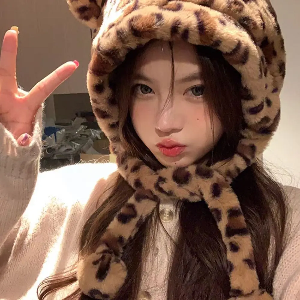 Leopard Print Plush Bear Hat Korean Style Fashion Design Cartoon Fleece Hat Muffler Cartoon Ear Protection Hat Ear Protector