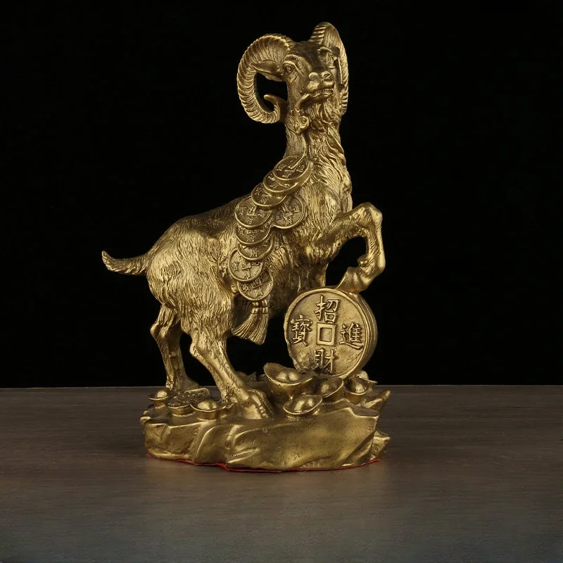 Feng Shui Decors Solid Brass Lucky Coins Horse Goat Small Statue Tea Pets Table Ornaments Vintage Copper Chinese Zodiac Animal