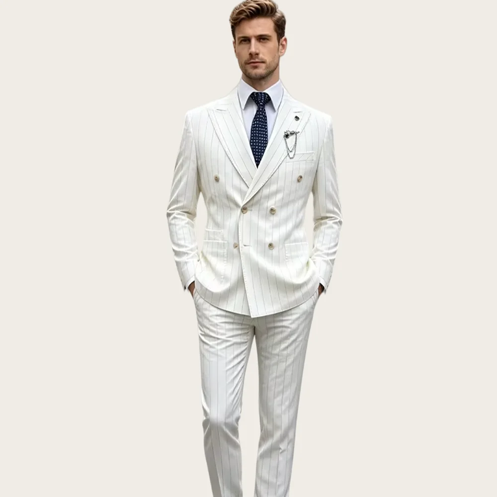 

Customized Groom Wedding Suit White Pnstripe Men's Suits 2Pcs Peaked Lapel Double Breasted Slim Tuxedo Office Business Blazer