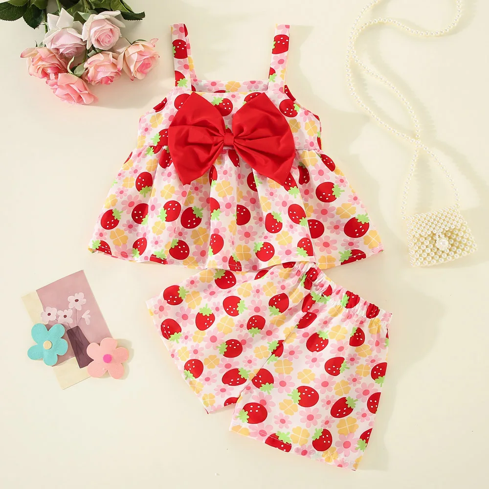 Summer Children's Top And Bottom Clothes Set Korean Style Trend Red Strawberry Suspender Tops with Soft Beach Toddler Shorts