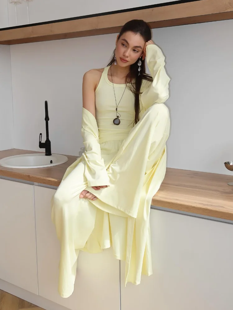 Conjunto de pantalones lisos elegantes para mujer, Top sin mangas con cuello redondo, cárdigan largo, pantalón recto de pierna ancha, moda de verano 2025, trajes informales para mujer