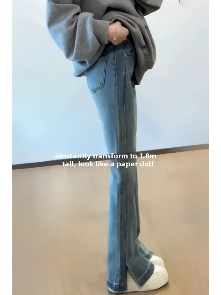 الضوء الأزرق عالية الخصر بسط الدينيم السراويل النسائية ربيع الخريف جديد Sle حجم كبير متوهج الطابق طول السراويل #4