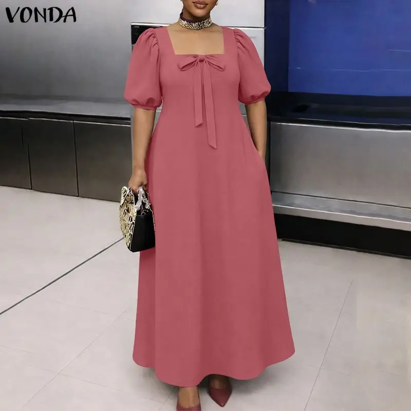 

VONDA Fashion Women Plus Size Dresses Summer Long Maxi Dresses Half Sleeve Vestidos Solid Color A-line Puff Sleeve Bow Sundress