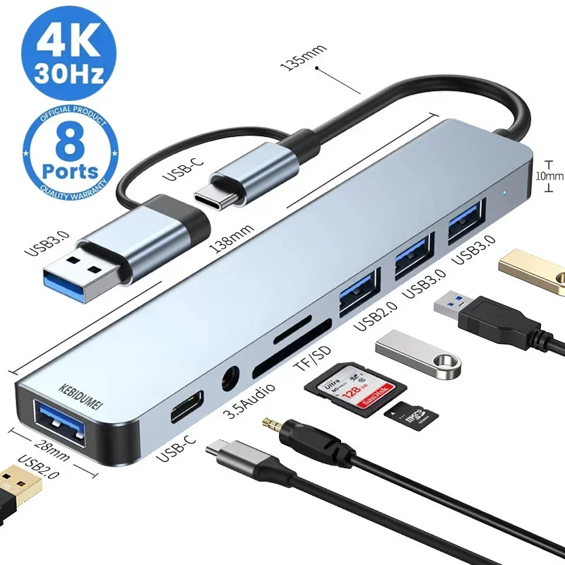 USB C Hub USB Splitter 8 in 2 USB Extender USBC Type c Dock Station TF/SD Card Reader High Speed  Adapter for  PC