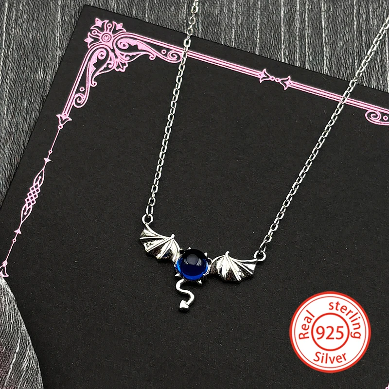 

925 Sterling Silver Gothic Bat Wing Blue Stone Pendant Necklace for Women Girl Mystical Animal Clavicle Chain Jewelry Gift