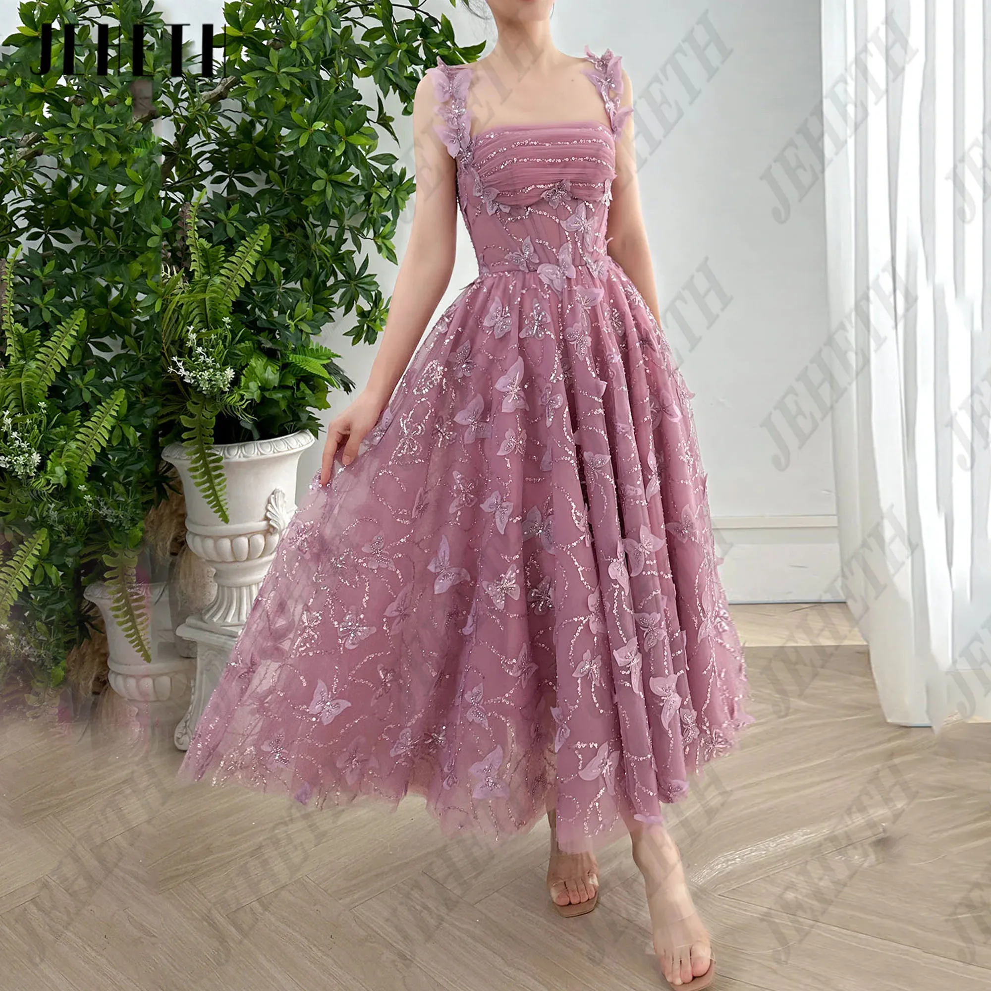 JEHETH Purple Sequin Party Dresses For Woman Straps Butterfly Formal Evening Gown Corset Back A-Line Tulle Prom Dresses 2024