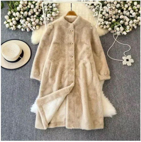 2025 Winter New Double-faced Fur Coat Women's Stand Collar Single Breasted Solid Color Mid Length Coats Female