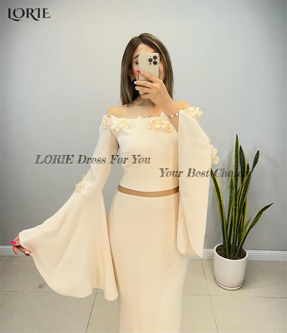 LORIE Two Pieces Mermaid Evening Dresses Off Shoulder Flowers Flare Sleeves Elastic Satin Prom Dress Arabia Bride Party Gowns