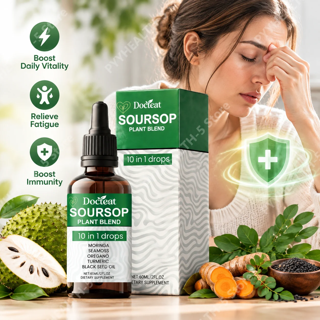 Soursop Plant Blend Drops Boost Daily Vitality Relieve Fatigue Boosting Immunity Moringa Turmeric Ashwagandha Antioxidant 60ml