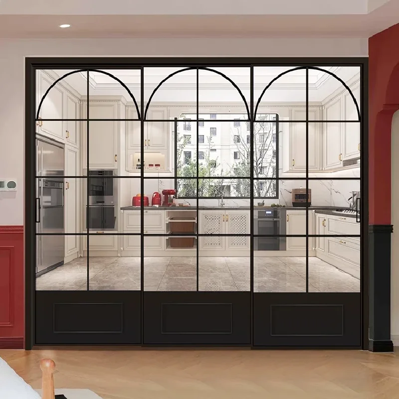 

French retro door, living room balcony, triple-action hanging rail, aluminum alloy, customized in glass sliding door