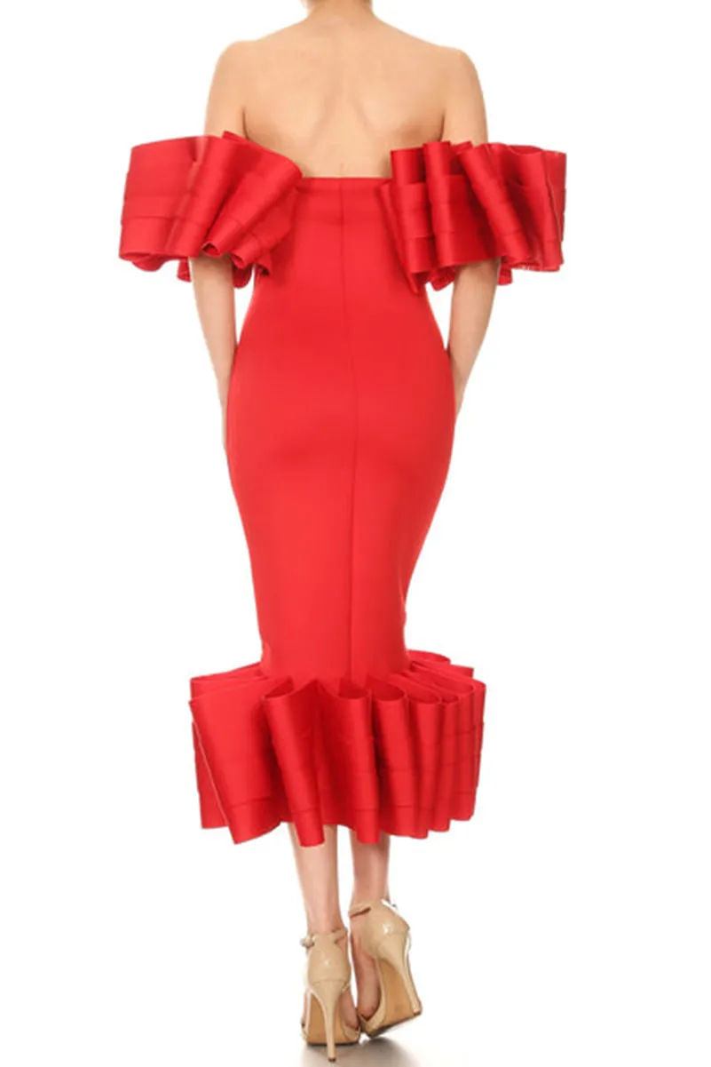 Feminino curto vermelho cetim vestido de noite, elegante, babados, bainha, querida, comprimento chá, baile, mãe da noiva