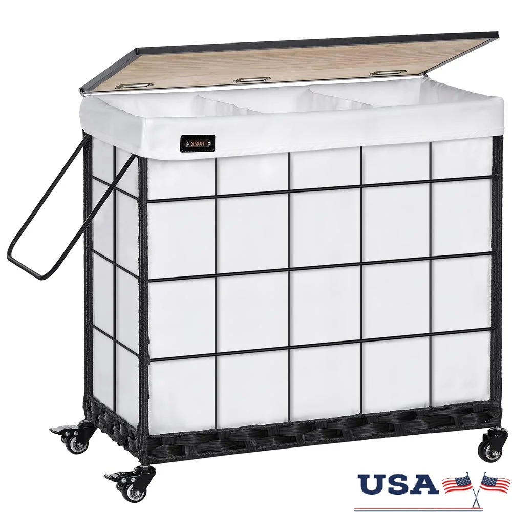 3-Compartment Laundry Basket with Heavy Duty Caster Wheels and Solid Wood Lid 132L Capacity