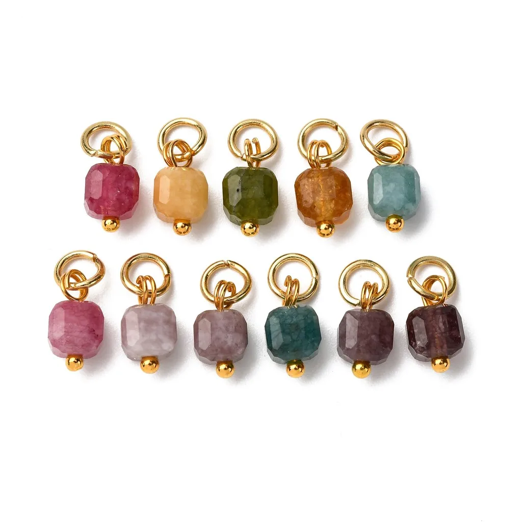 10pcs Natural Colorful Tourmaline Faceted Cube Charms with 304 Stainless Steel Jump Rings,  9.5x6x6mm, Charms for Jewelry Making