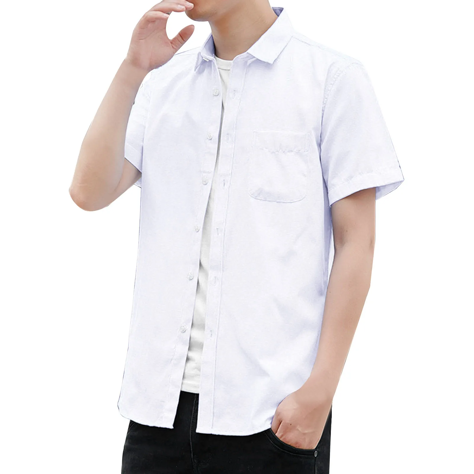 Mens Fashion Casual Simplicity Korean Slim Solid Lapel Shorts Sleeve Shirt Top 4