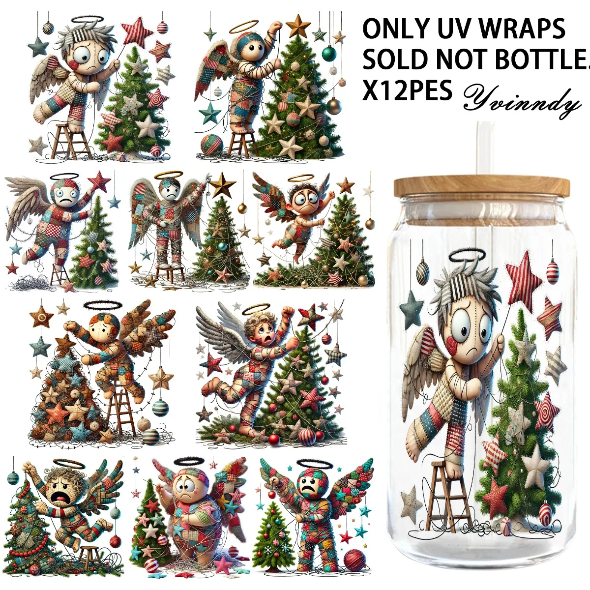5PCS/Set Of 16OZ Strange Christmas Spirit UV DTF Waterproof Film Suitable For Computers Tables And Chairs DIY Enthusiasts