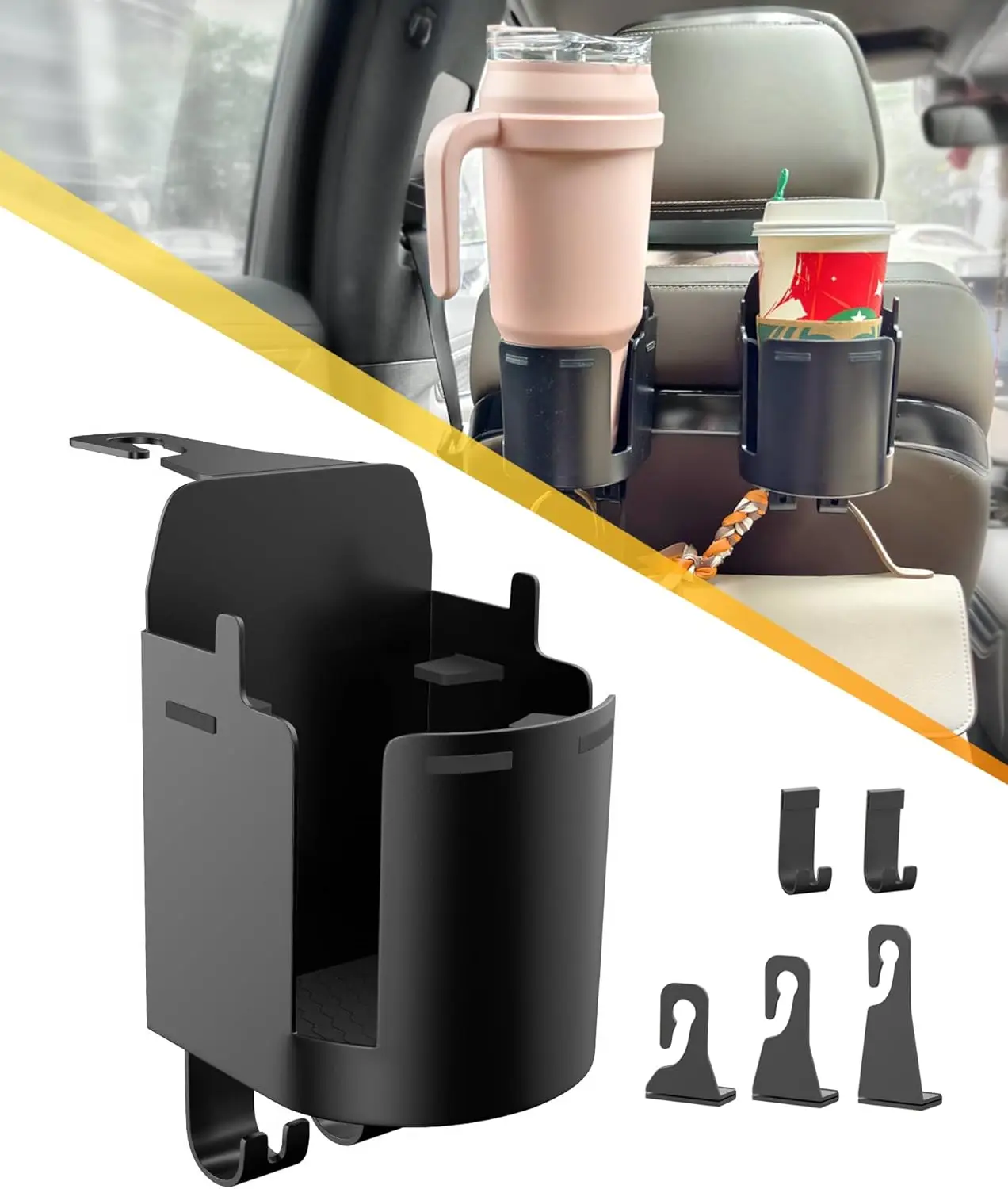 

Back Seat Headrest Cup Holder with Hooks, Fits 50oz Bottles for Sedans SUVs Trucks
