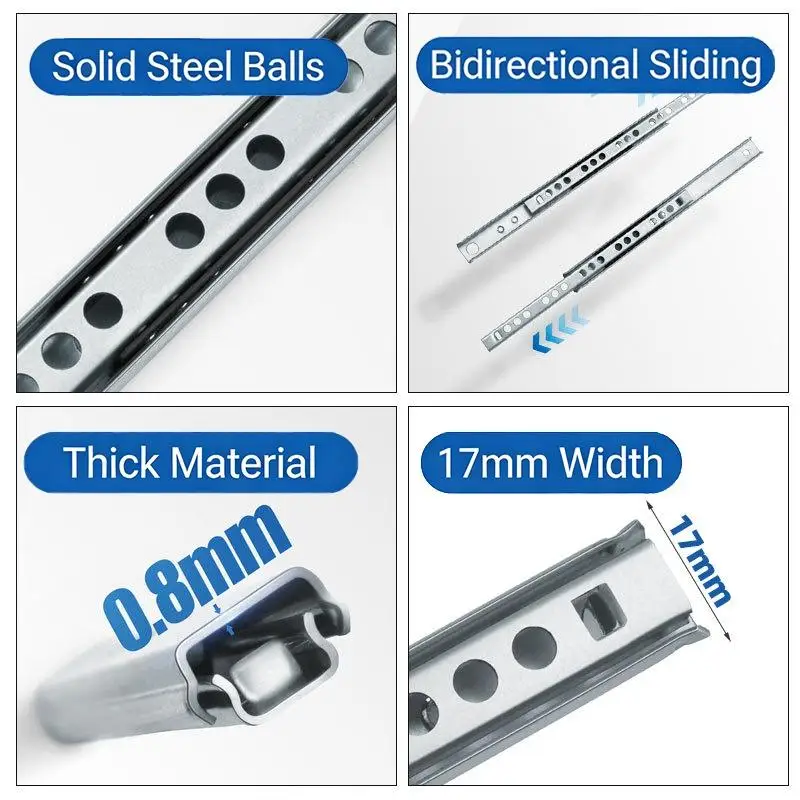【CCA】2Set Smooth Glide Bearing Drawer Slides 17mm Wide Two Way Slide Drawer Glides 8
