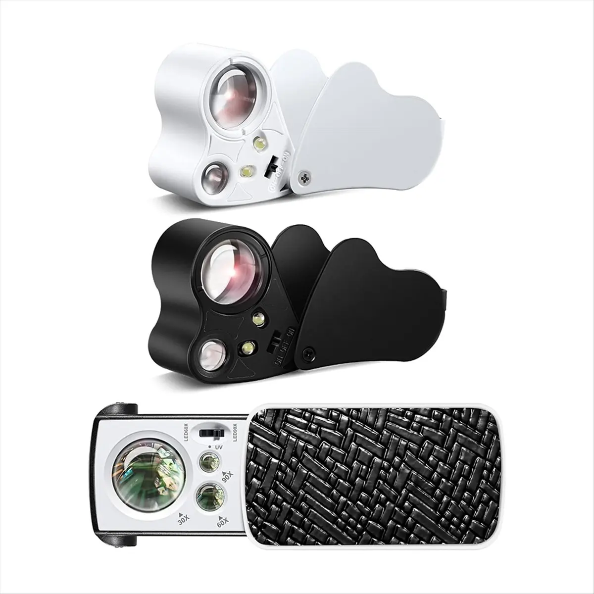 A24I 3 Pack Jewelers Loupe, 30X 60X 90X Illuminated Jewelers Eye Magnifier with UV Black Light and Bright LED Light for Gems