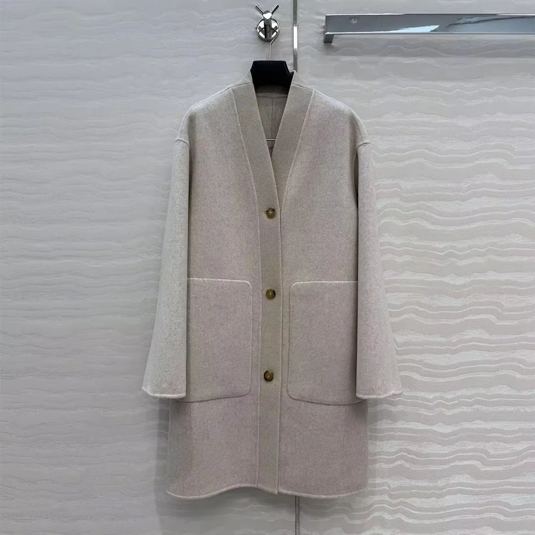 Luxury Chic New Winter Wool Cashmere Double-faced Wool Coat Women Thread V-neck Long Sleeve Single Breasted Casual Long Jacket