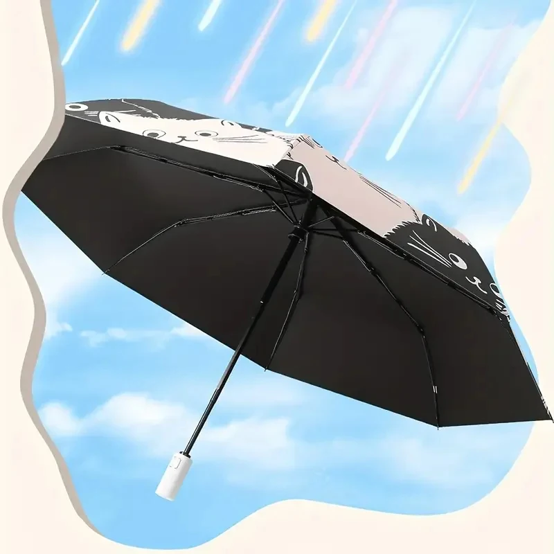 Kinder Einfacher Cartoon-Katzen-Druck Automatischer Regenschirm Schwarz Weiß Winddicht Leichtgewicht Sonnenschutz Regenschutz Regenschirm