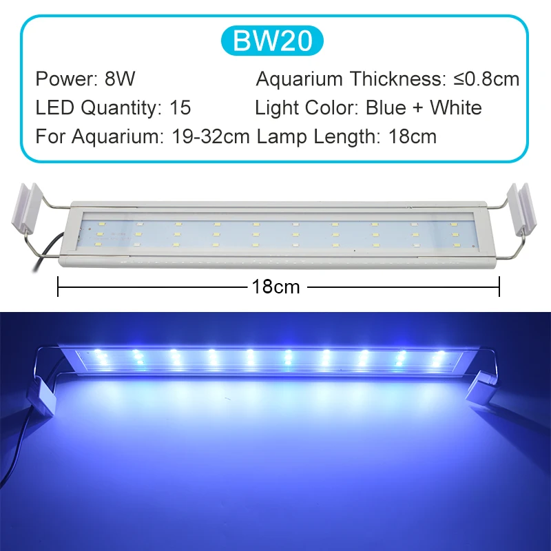 TUNFAN Aquarium-LED-Licht, superschlank, Aquarium, Wasserpflanze, Wachstumsbeleuchtung, wasserdicht, helle Clip-Lampe, blaue LED, 18–72 cm, für Pflanzen, 220 V 6