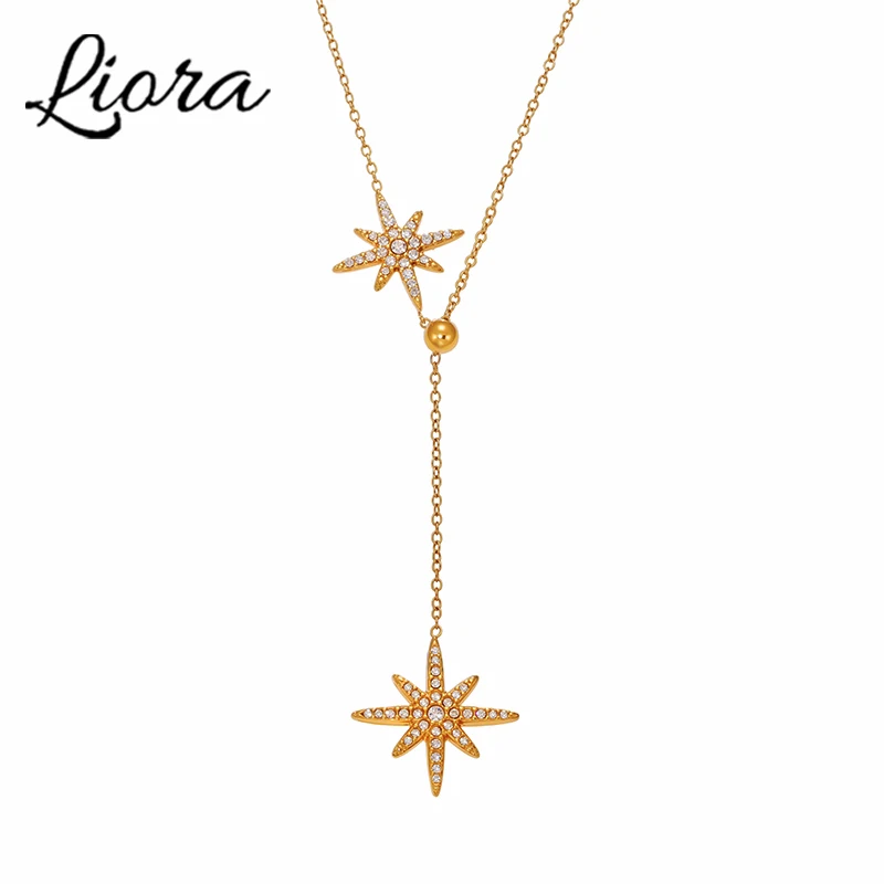 Liora Zarter glänzender Zirkon-Stern-Anhänger, verstellbare Länge, Kette aus Edelstahl, Halsketten für Damen, Hochzeit, Bankett, Schmuck