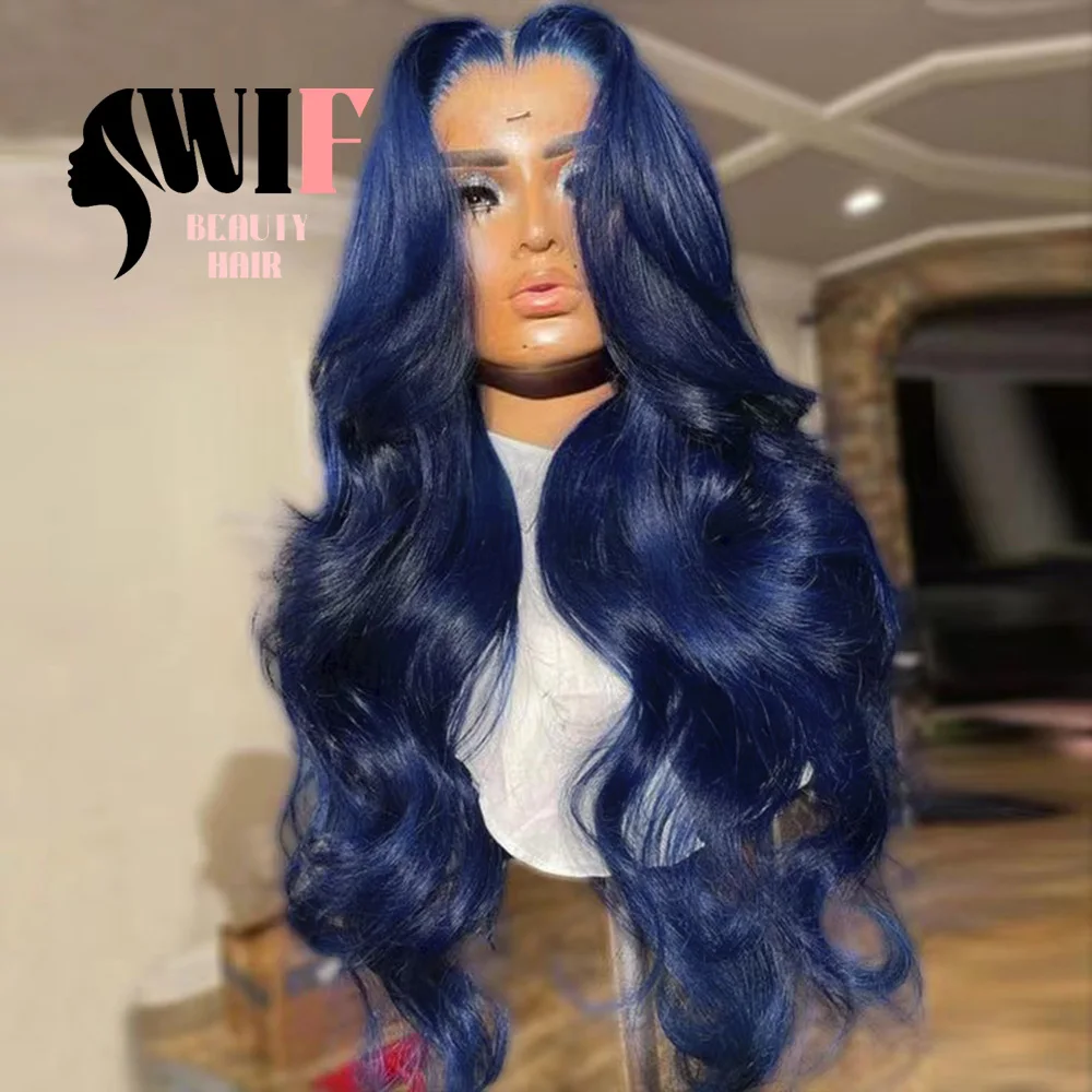 WIF Dark Blue Body Wavy Synthetic Wig Long Wavy Hair Women Cosplay Natural Hairline Lace Front Wigs Heat Fiber Blue Wigs