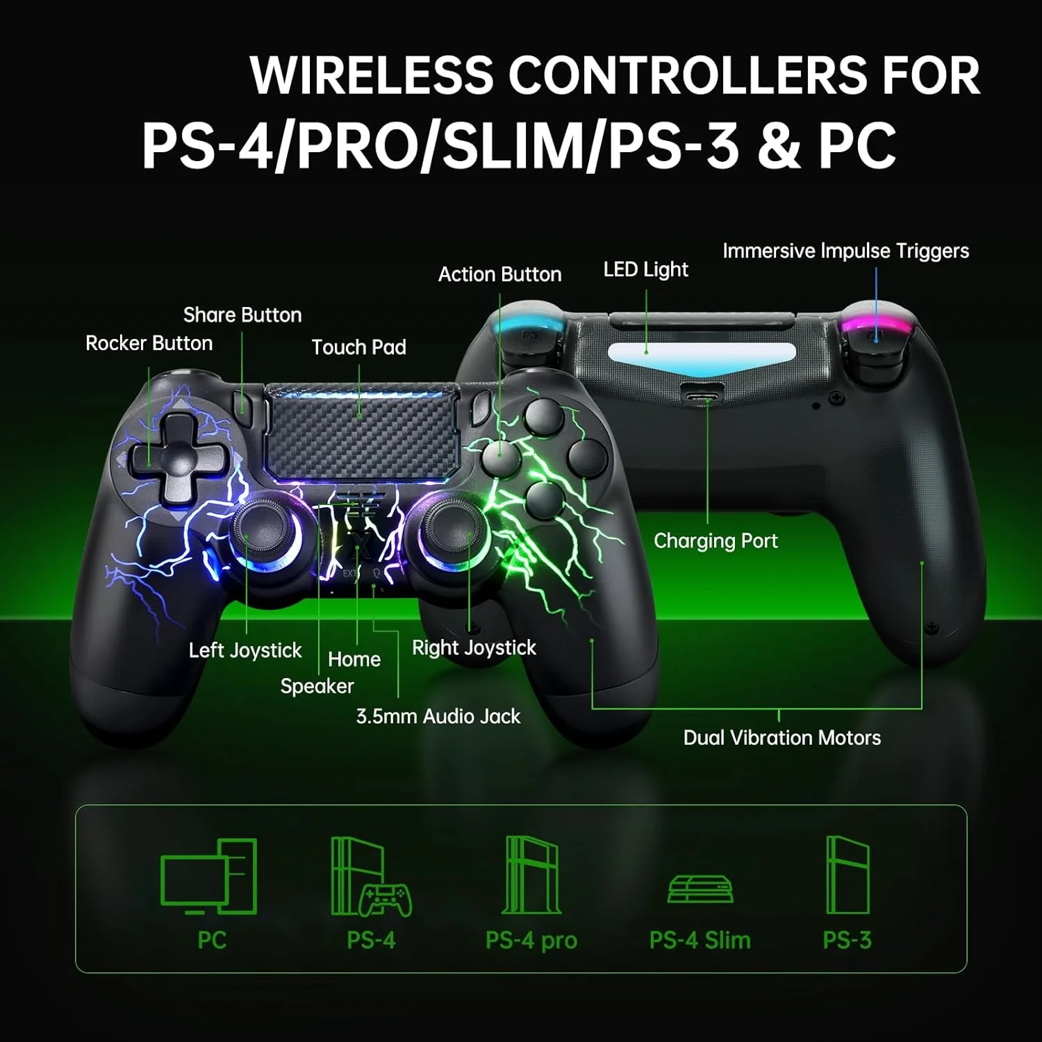 وحدة تحكم لاسلكية لجهاز PS4/ Pro/Slim & PC إضاءة RGB بنمط البرق الأبيض، عصا تحكم بتأثير القاعة، اهتزاز مزدوج 6 محاور