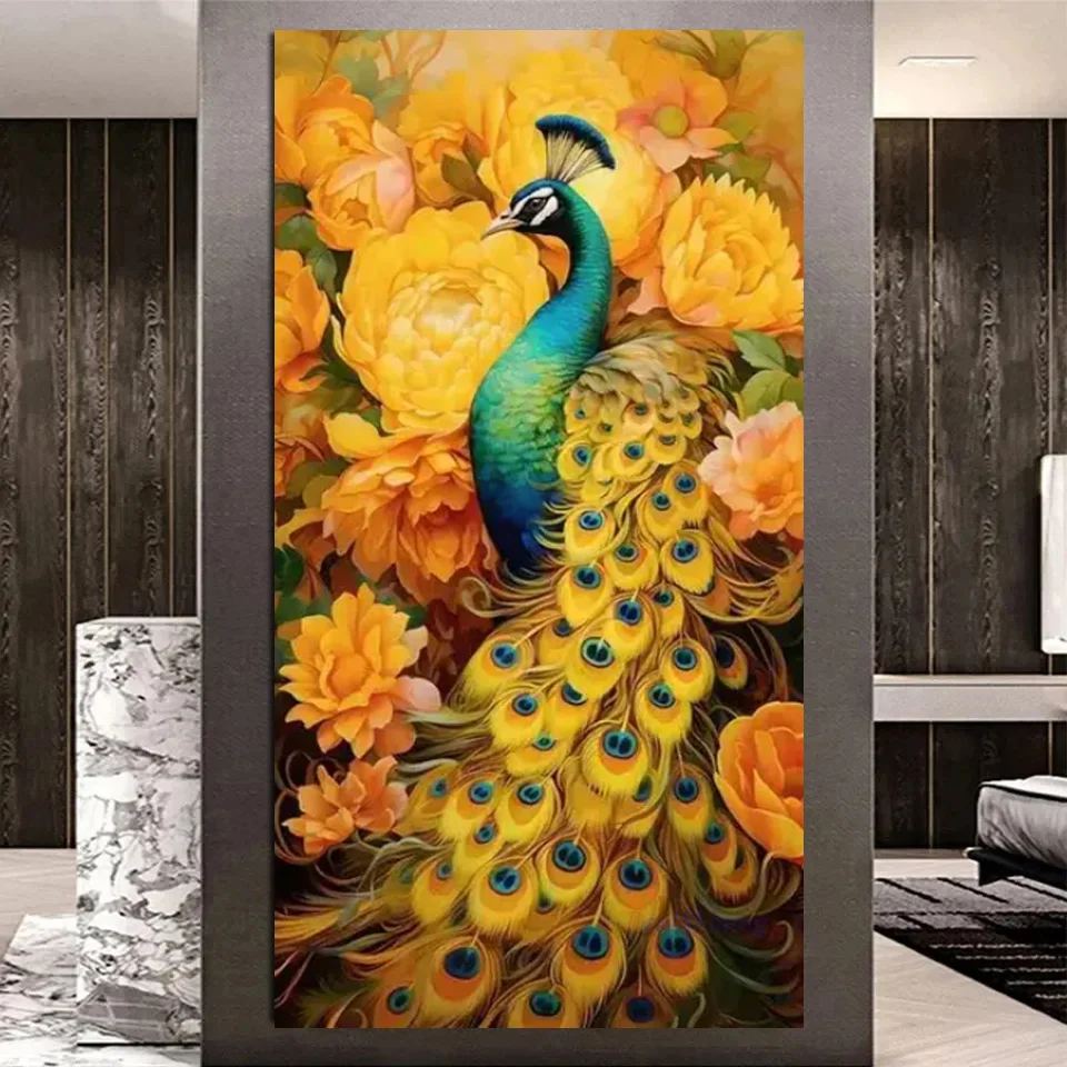 Pittura diamante 5D di grandi dimensioni pavone giallo fiori fioriti ricamo a mosaico belle ragazze strass punto croce Y1227