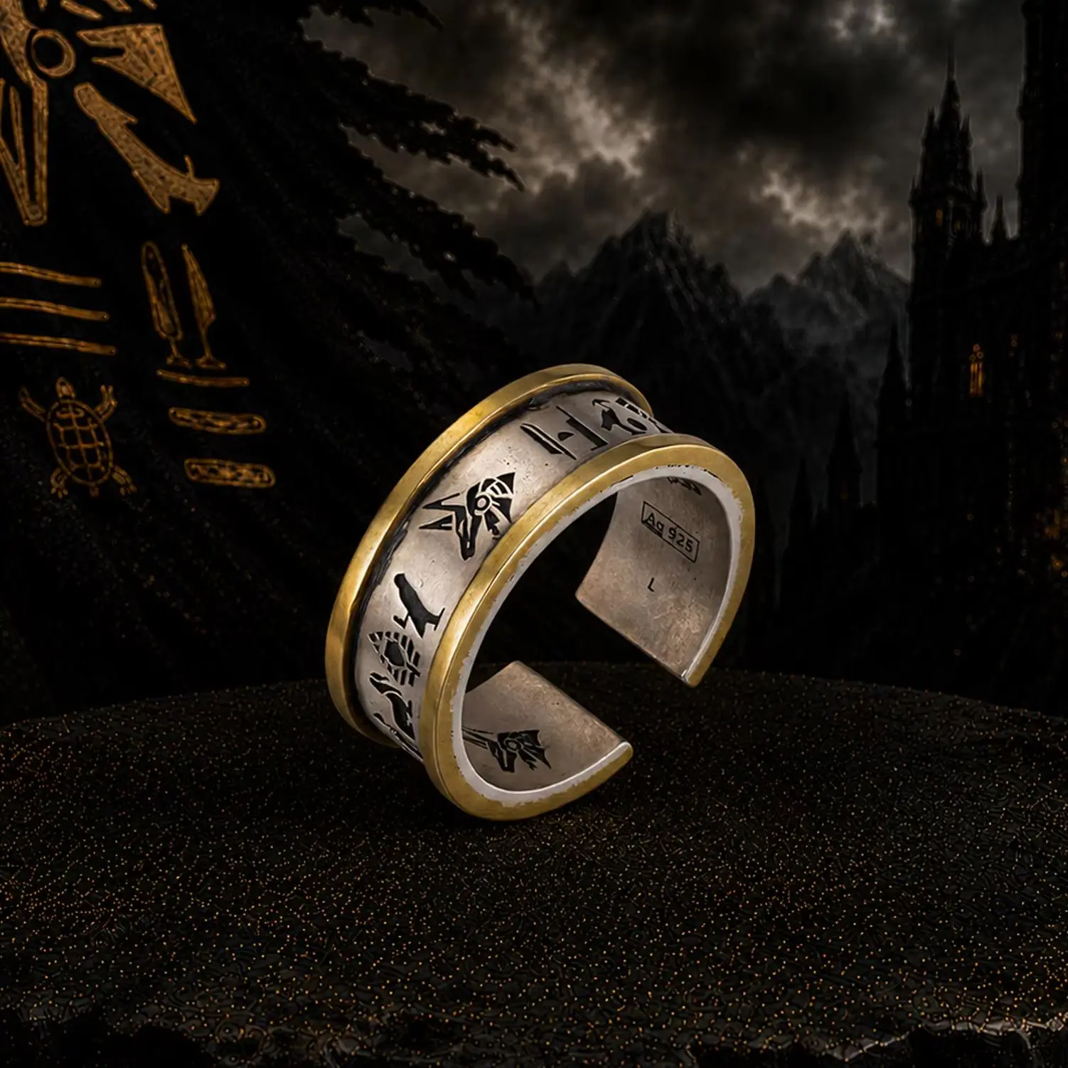 925 Sterling Silver Anubis Open Band Ring for Men, Adjustable Punk Gothic Jewelry, Ancient Egypt Myth Inspired Accessory, Valent