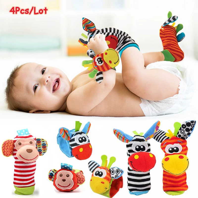 Rattle Socks for Newborn Baby Cartoon Plush Sound Bell Socks Wrist Strap Toys 0-12 Months Girls Boys Rattle Wristband Foot Socks