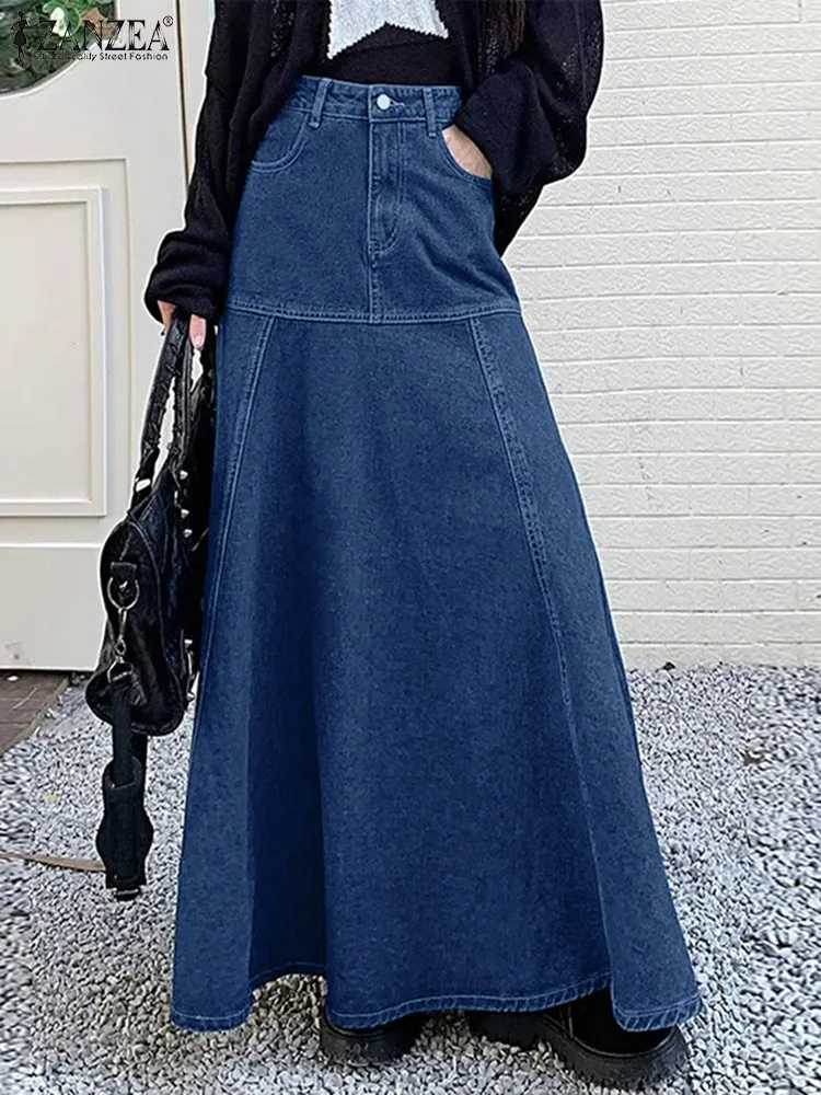 Casual Patchwork A-Lijn Maxi Rok Zanzea Vrouwen Denim Lange Rok 2024 Zomer Mode Hoge Taille Jupe Elegante Wrap Lange Faldas