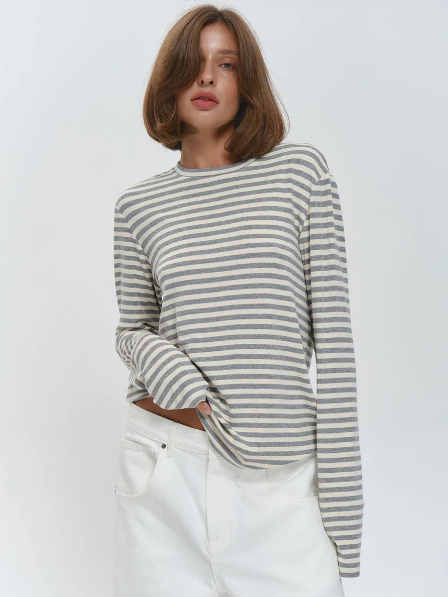 Bornladies الخريف جديد أزياء المرأة القطن مخطط كم طويل تي شيرت مكتب عارضة بسيطة جولة الرقبة البلوز قمم و المحملات