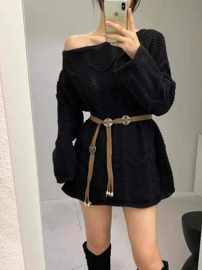 

Korean Ele One-oulder Mid-Length Sweater Long Sve Women's Knitted Hollow out Casual Sle Autumn Winter Top