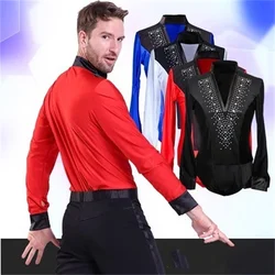 Top de baile latino con cuello en V para hombre, camisa de baile de salón, ropa de baile de competición profesional roja