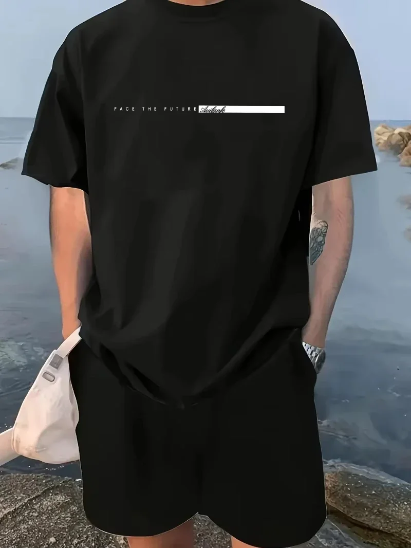 

Men's 100 Cotton T-shirt Set Casual Oversized Set Paris Letter Printed Loose Round Neck Short Sleeved T-shirt+shorts Two-piece