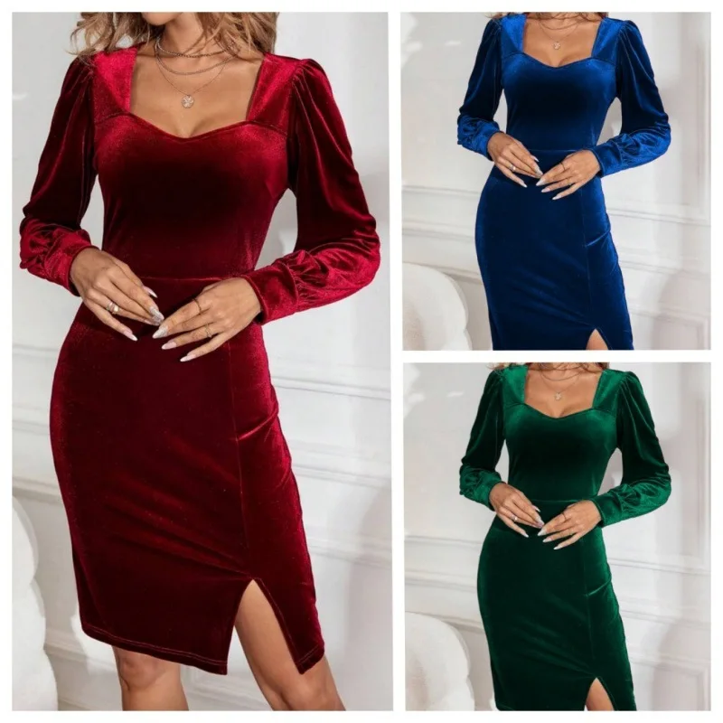 เดรสกำมะหยี่แขนยาวคอเหลี่ยมทรงเข้ารูปผ่าข้างสไตล์ใหม่สำหรับฤดูใบไม้ร่วง/ฤดูหนาว 2025