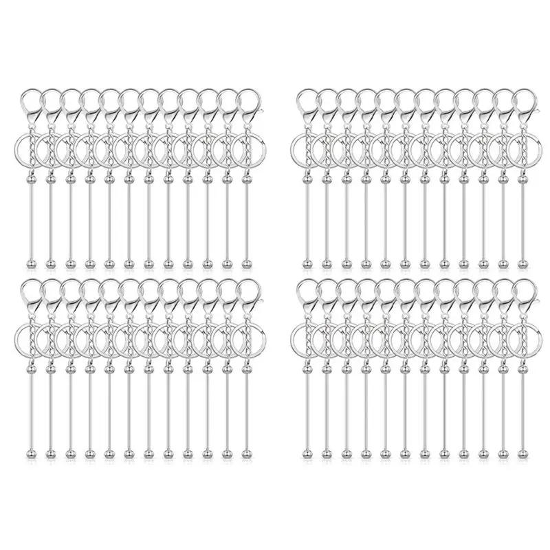 LICE-48 Pcs Beadable Keychain Bars Bulk For Beads DIY Blank Keychain Metal Beaded Keychain For Bead Keychain Crafts Silver