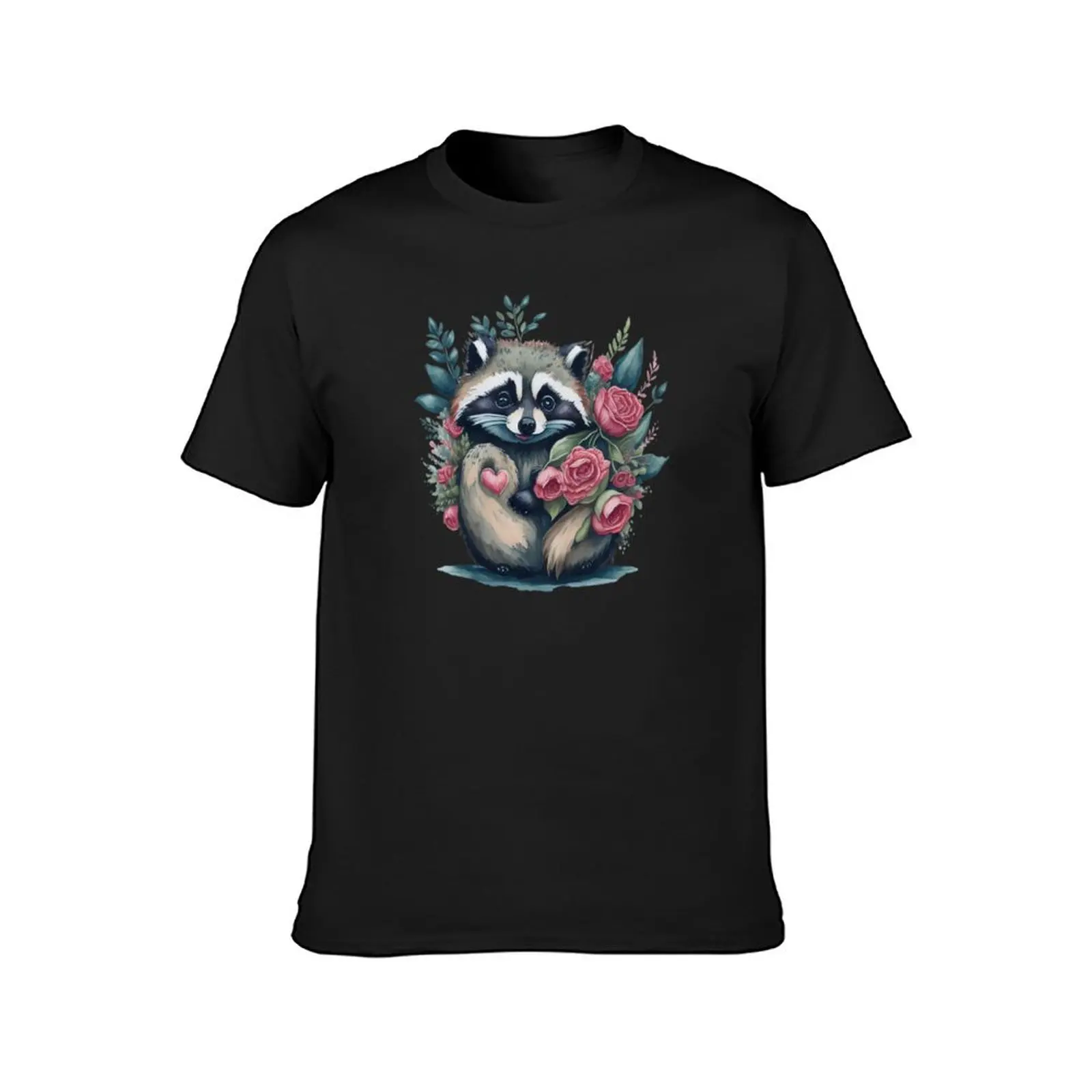 Cute, enamored racoon with a cute heart among roses - small portrait in vintage style. T-Shirt