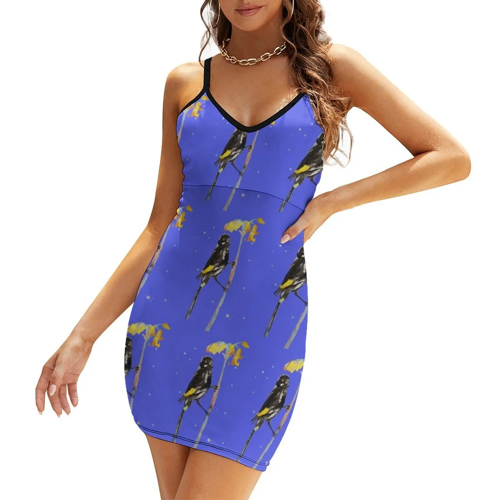 

Australian Honeyeater Bird Painting - New Holland on Navy Sling Dress Women's summer dress cute dress